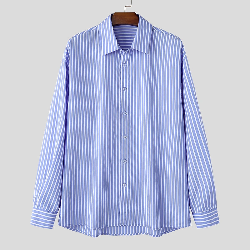 INCERUN Mens Fashion Striped Loose Two Pieces Outfit Comfortable Long Sleeve Shirt & Short Two-piece Suits — view 6