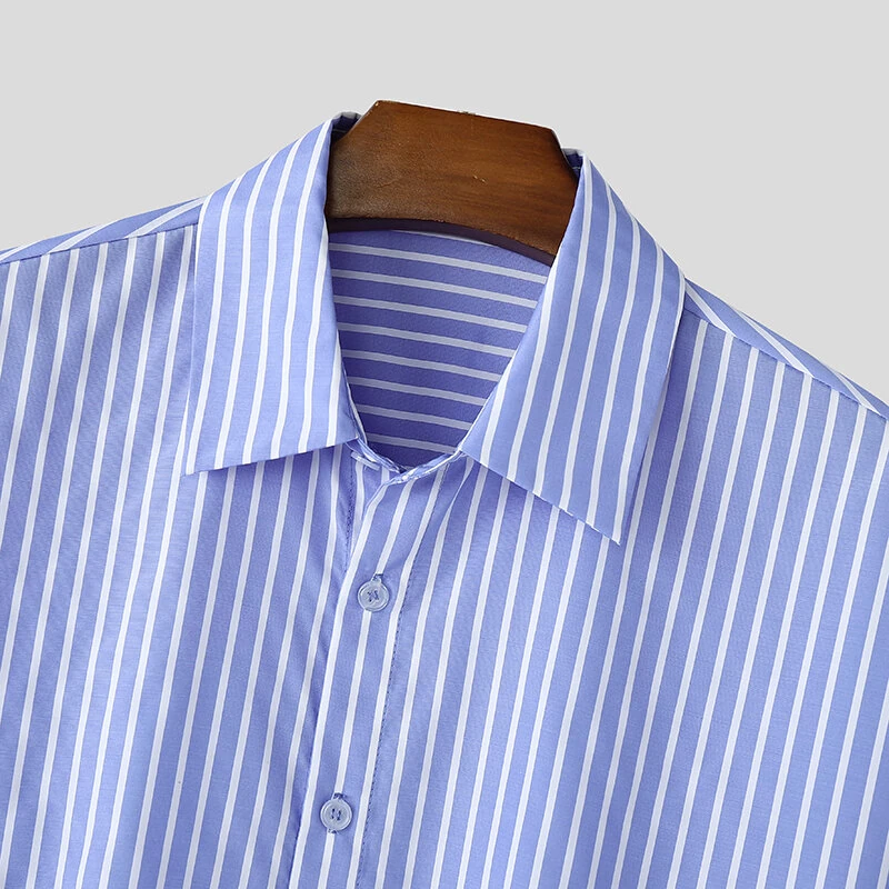 INCERUN Mens Fashion Striped Loose Two Pieces Outfit Comfortable Long Sleeve Shirt & Short Two-piece Suits — view 7