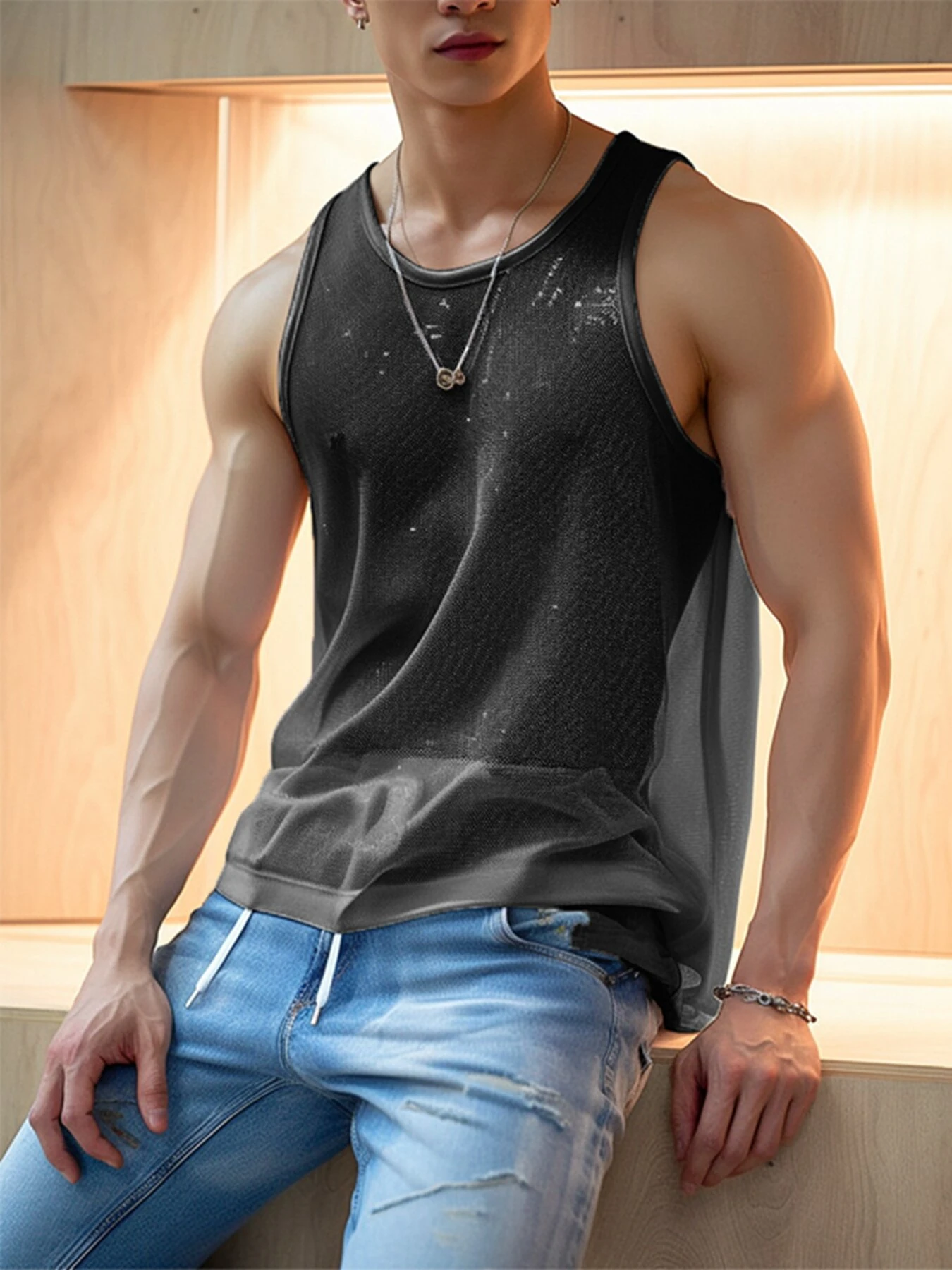 INCERUN Mens Fine Glittering Mesh Transparent Solid Color Tank Top — view 2