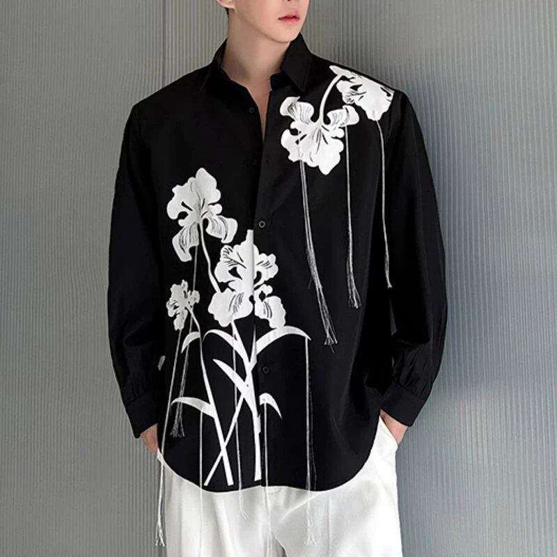 INCERUN Mens Floral Print Fringe Long-Sleeve Shirt Fashion Button Lapel Top for Male Loose Fit S-5XL — INCERUN