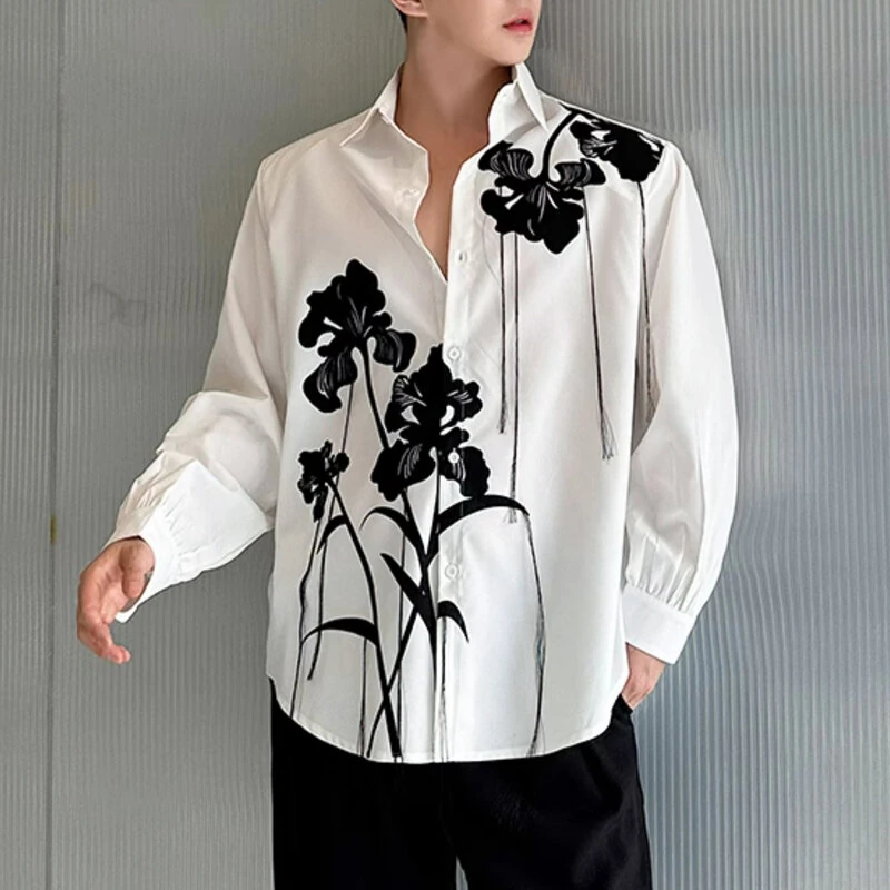 INCERUN Mens Floral Print Fringe Long-Sleeve Shirt Fashion Button Lapel Top for Male Loose Fit S-5XL — view 4
