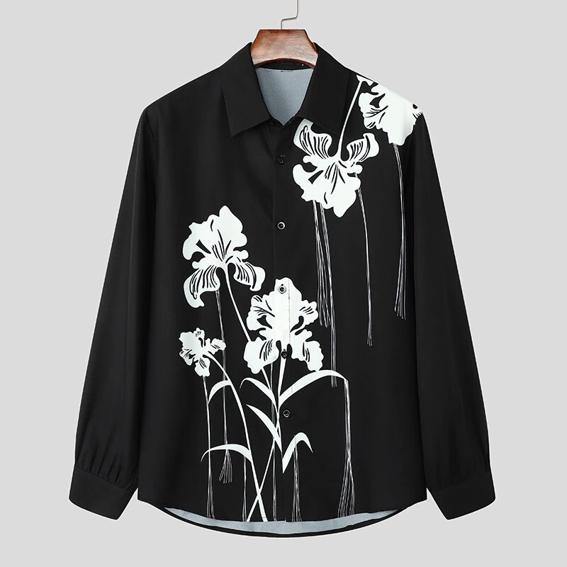 INCERUN Mens Floral Print Fringe Long-Sleeve Shirt Fashion Button Lapel Top for Male Loose Fit S-5XL — view 5