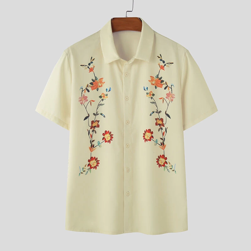 INCERUN Mens Floral Print Lapel Collar Short Sleeve Shirt Casual Daily Button Up Lapel Top FOR Men S-5XL — view 2