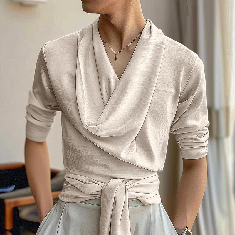 INCERUN Mens French Elegance Draped Neck Shirt Fashion High Elastic Solid Color Long Sleeve Top for Men — image 1