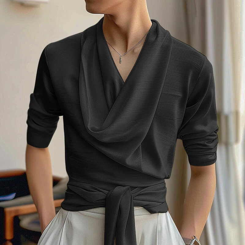 INCERUN Mens French Elegance Draped Neck Shirt Fashion High Elastic Solid Color Long Sleeve Top for Men — view 2