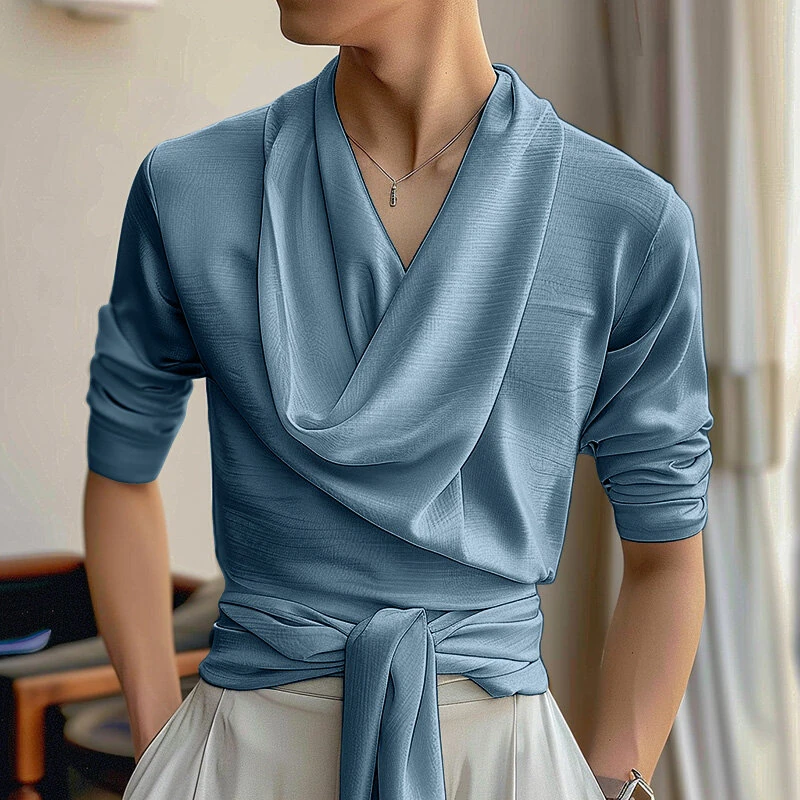 INCERUN Mens French Elegance Draped Neck Shirt Fashion High Elastic Solid Color Long Sleeve Top for Men — view 3
