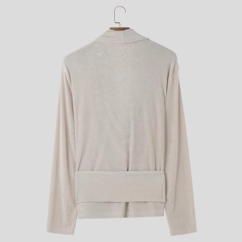 INCERUN Mens French Elegance Draped Neck Shirt Fashion High Elastic Solid Color Long Sleeve Top for Men — view 8