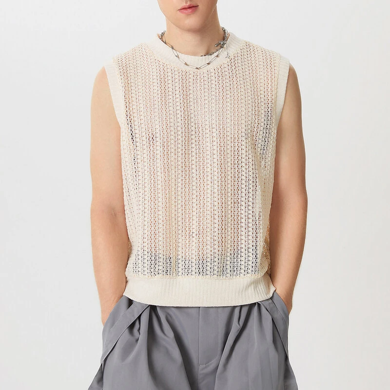 INCERUN Mens Hollow Out Crew Neck Sleeveless Vest Sold Color Sheer Knit Crew Neck Tank Top for Male — INCERUN