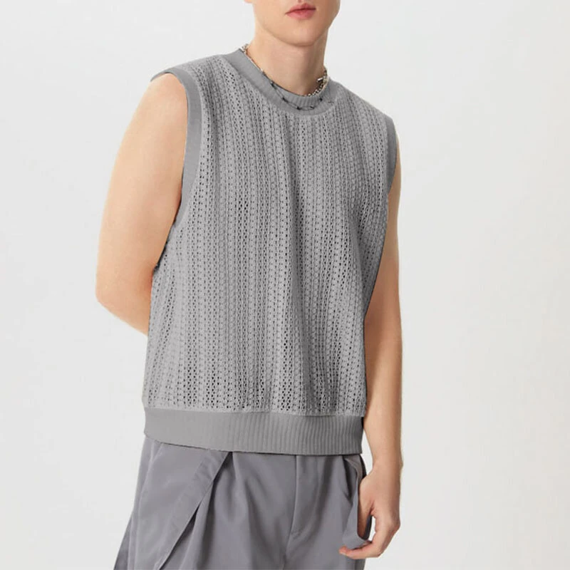 INCERUN Mens Hollow Out Crew Neck Sleeveless Vest Sold Color Sheer Knit Crew Neck Tank Top for Male — view 2