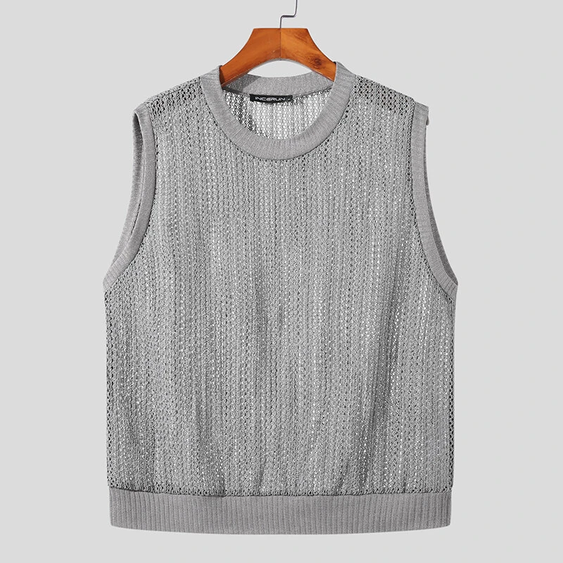INCERUN Mens Hollow Out Crew Neck Sleeveless Vest Sold Color Sheer Knit Crew Neck Tank Top for Male — view 3