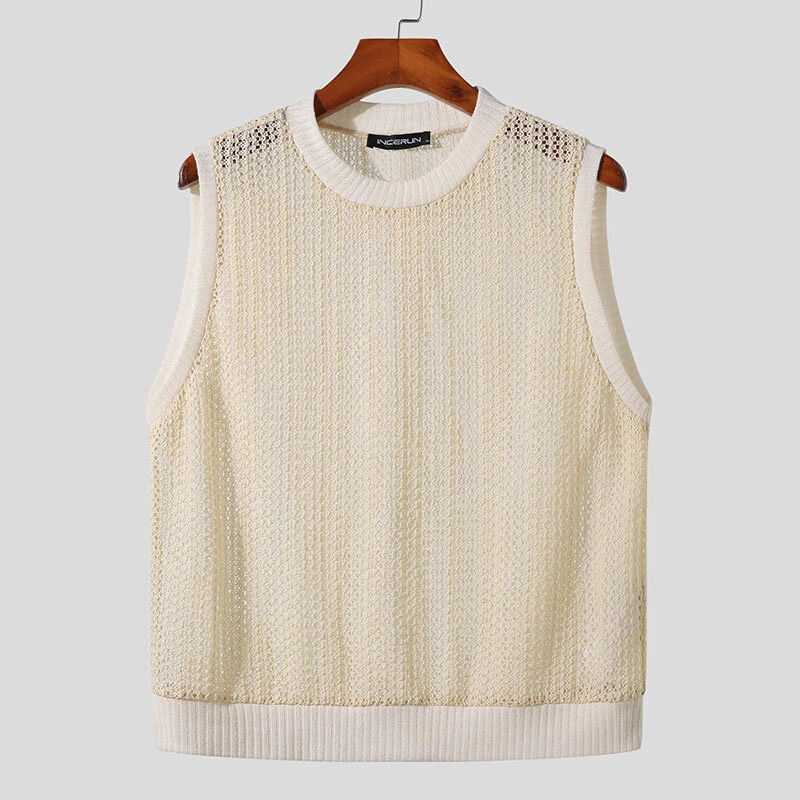 INCERUN Mens Hollow Out Crew Neck Sleeveless Vest Sold Color Sheer Knit Crew Neck Tank Top for Male — view 4