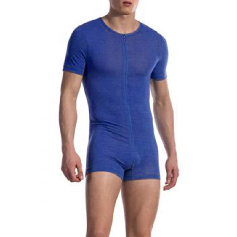 INCERUN Mens Jumpsuit Thin Stretch Comfort Zipper Short Sleeve One-piece Shorts Homewear for Men Large Size S-5XL — view 3