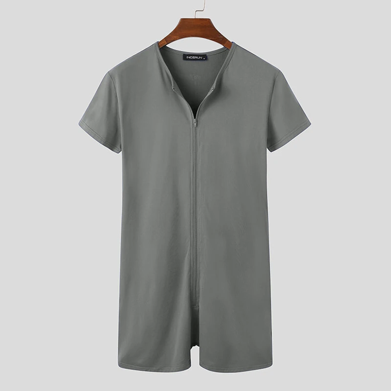 INCERUN Mens Jumpsuit Thin Stretch Comfort Zipper Short Sleeve One-piece Shorts Homewear for Men Large Size S-5XL — view 4