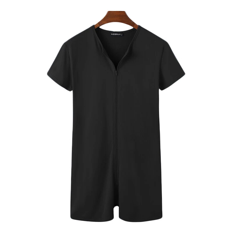 INCERUN Mens Jumpsuit Thin Stretch Comfort Zipper Short Sleeve One-piece Shorts Homewear for Men Large Size S-5XL — view 5