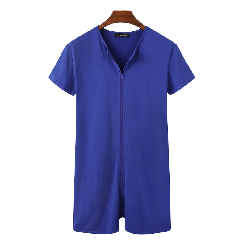 INCERUN Mens Jumpsuit Thin Stretch Comfort Zipper Short Sleeve One-piece Shorts Homewear for Men Large Size S-5XL — view 6
