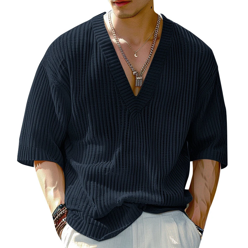 INCERUN Mens Knitted V-Neck Half Sleeve T-Shirt Casual Solod Color Short Sleeve Men Top — view 10