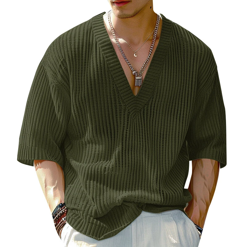 INCERUN Mens Knitted V-Neck Half Sleeve T-Shirt Casual Solod Color Short Sleeve Men Top — view 2