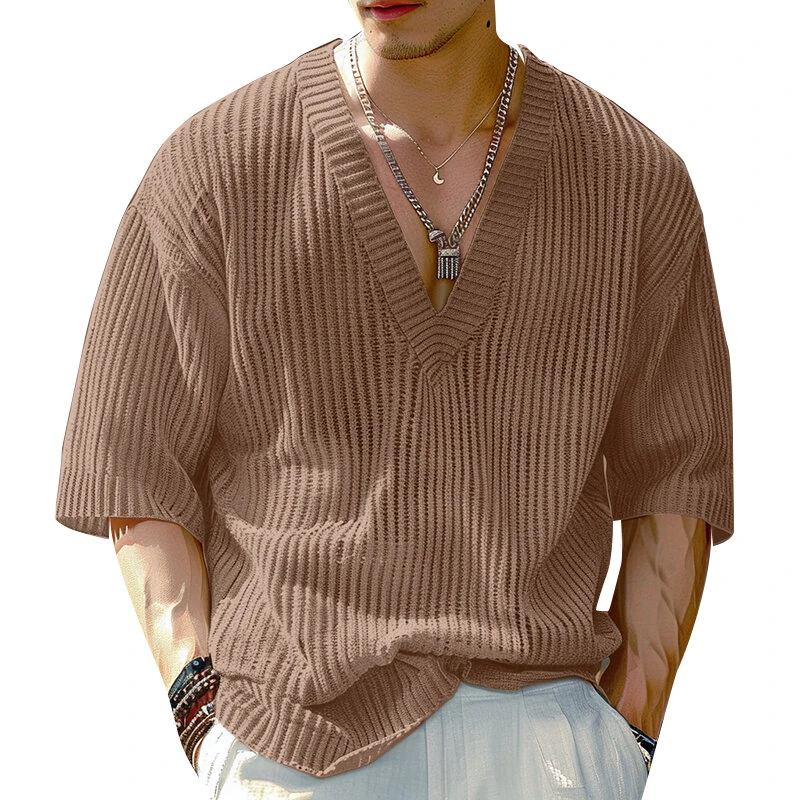 INCERUN Mens Knitted V-Neck Half Sleeve T-Shirt Casual Solod Color Short Sleeve Men Top — view 3