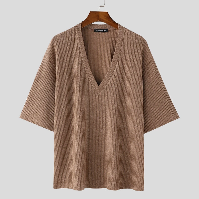 INCERUN Mens Knitted V-Neck Half Sleeve T-Shirt Casual Solod Color Short Sleeve Men Top — view 4