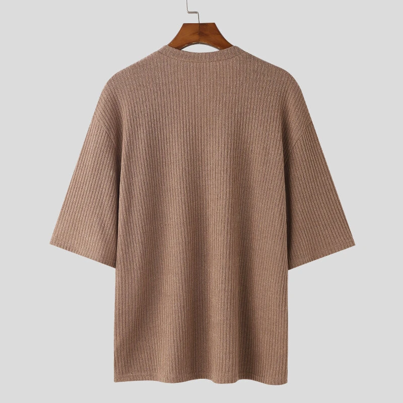INCERUN Mens Knitted V-Neck Half Sleeve T-Shirt Casual Solod Color Short Sleeve Men Top — view 7