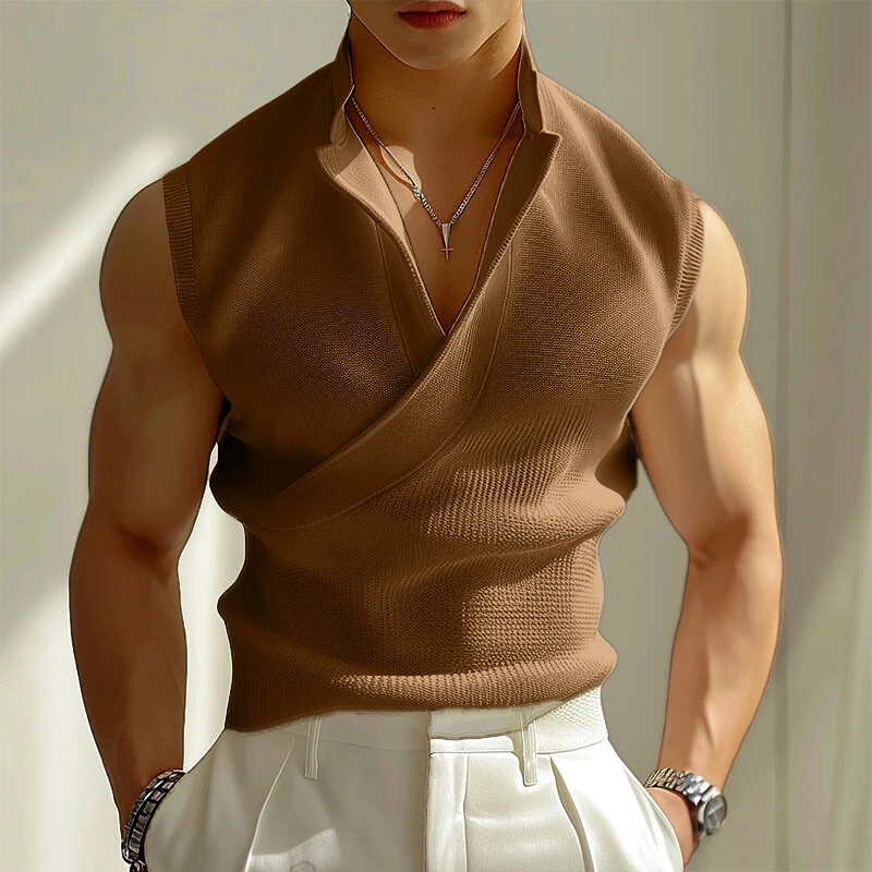 INCERUN Mens Minimalist Solid Color Textured Tank Fashion Lapel V-neck Sleeveless Top for Male — view 2
