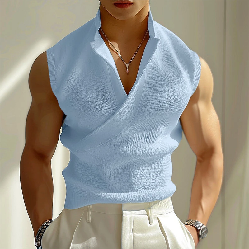 INCERUN Mens Minimalist Solid Color Textured Tank Fashion Lapel V-neck Sleeveless Top for Male — view 3