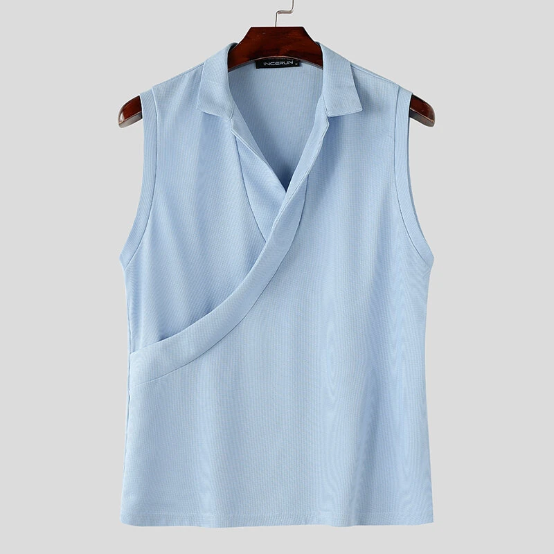 INCERUN Mens Minimalist Solid Color Textured Tank Fashion Lapel V-neck Sleeveless Top for Male — view 4