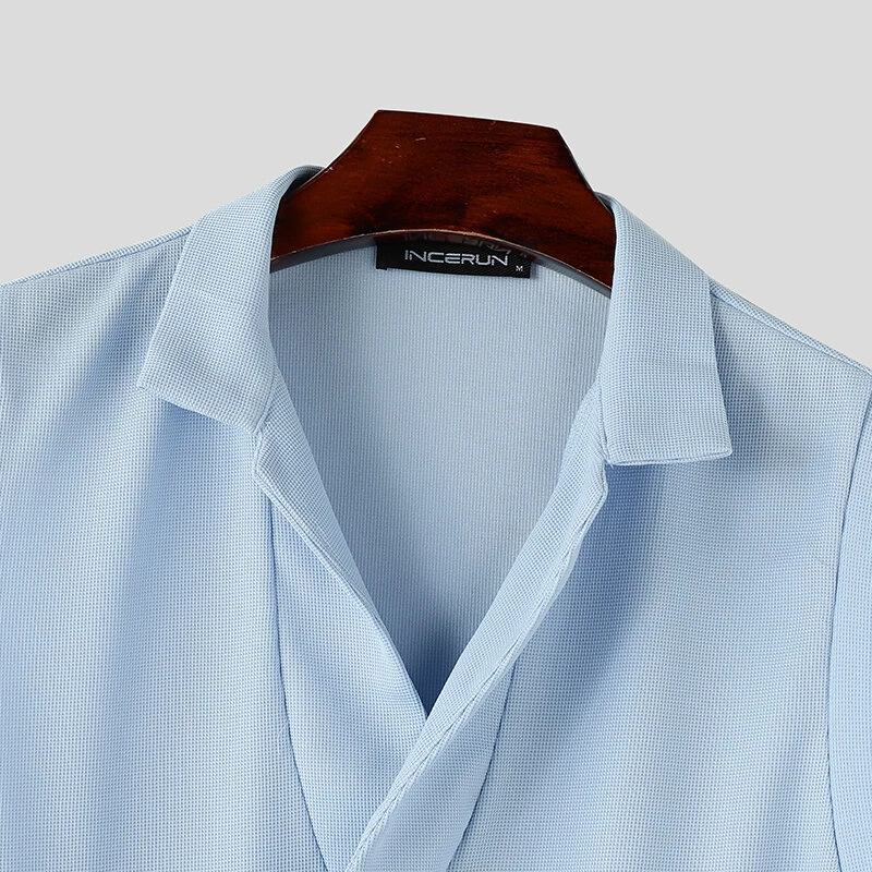 INCERUN Mens Minimalist Solid Color Textured Tank Fashion Lapel V-neck Sleeveless Top for Male — view 5