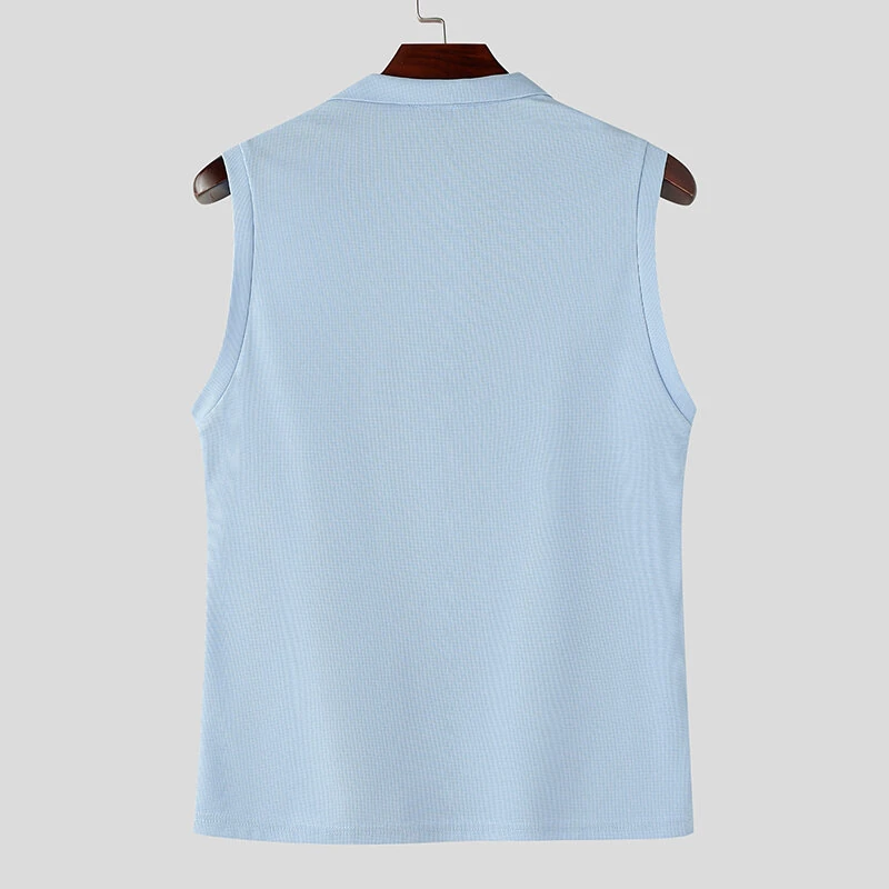 INCERUN Mens Minimalist Solid Color Textured Tank Fashion Lapel V-neck Sleeveless Top for Male — view 8