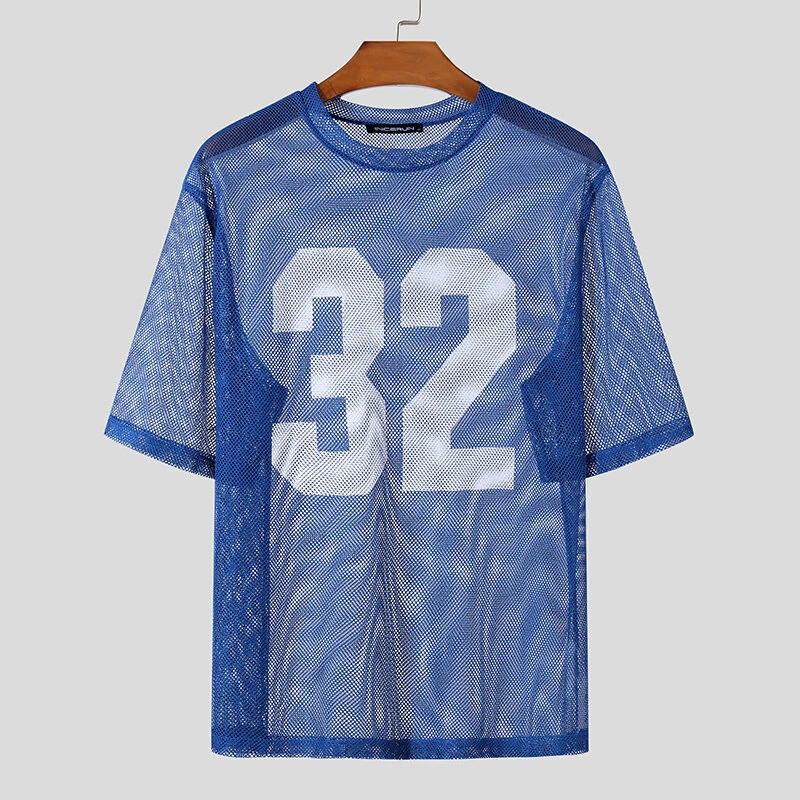 INCERUN Mens Numeric Print Sheer Mesh T-Shirt Solid Color Crew Neck Tshirts Fashion Matching Streatwear for Male Plus Size S-5XL — view 4