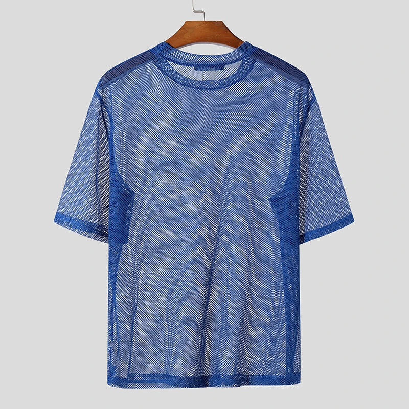 INCERUN Mens Numeric Print Sheer Mesh T-Shirt Solid Color Crew Neck Tshirts Fashion Matching Streatwear for Male Plus Size S-5XL — view 5