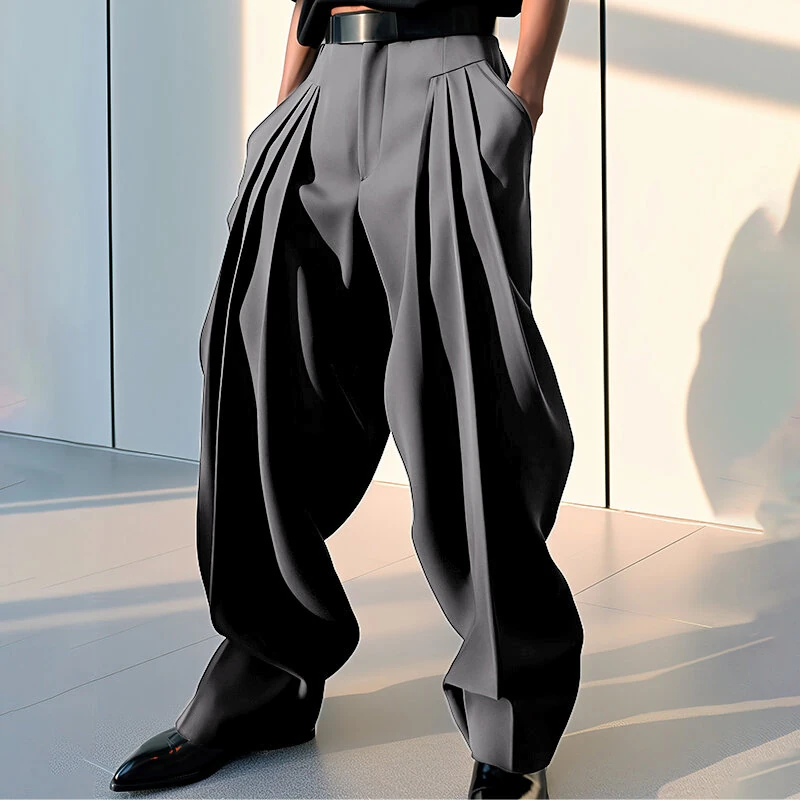 INCERUN Mens Pant Pleated Solid Color Trousers Casual Trendy Korean Pleated Solid Color Casual Pants — image 1