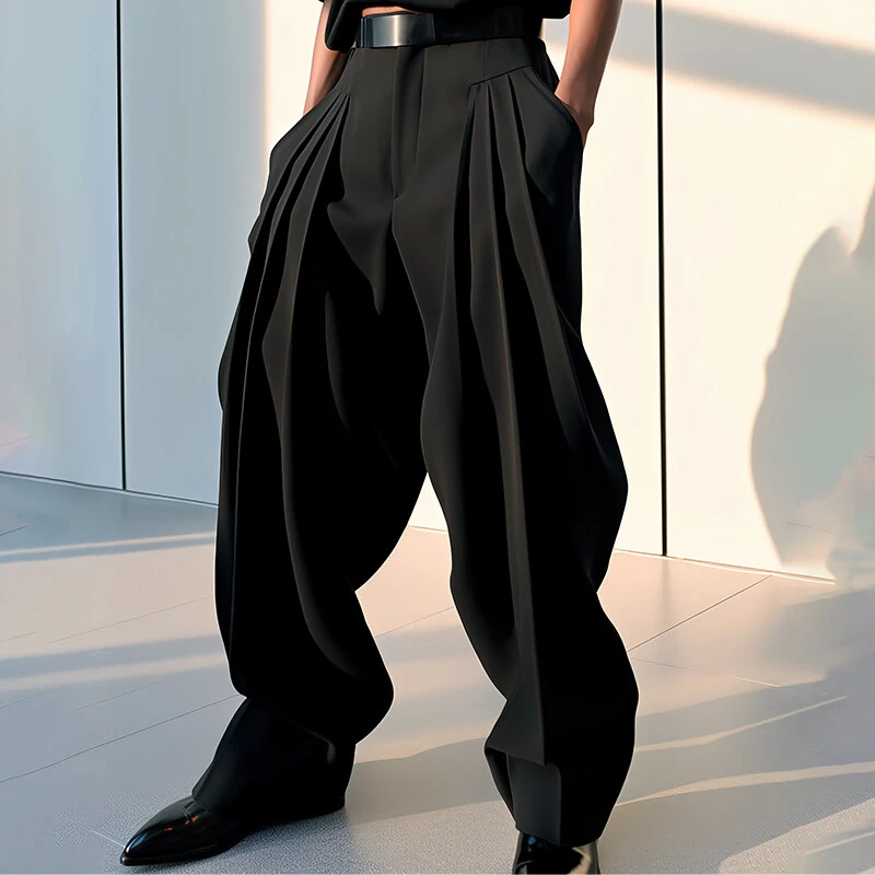 INCERUN Mens Pant Pleated Solid Color Trousers Casual Trendy Korean Pleated Solid Color Casual Pants — view 2