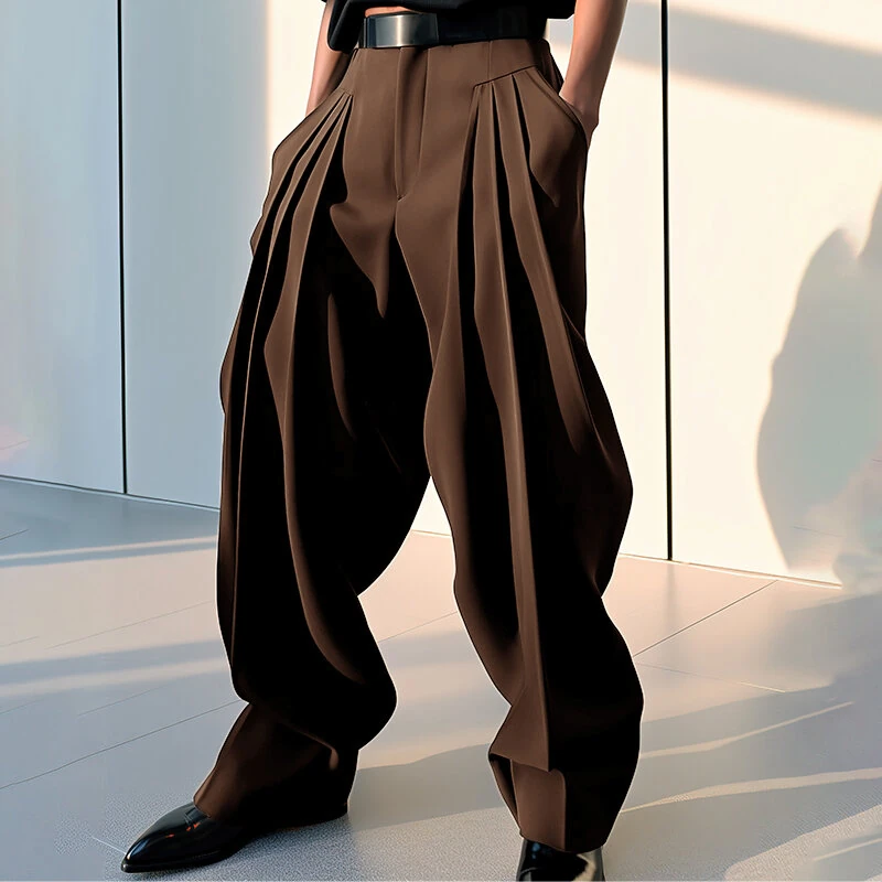 INCERUN Mens Pant Pleated Solid Color Trousers Casual Trendy Korean Pleated Solid Color Casual Pants — view 3