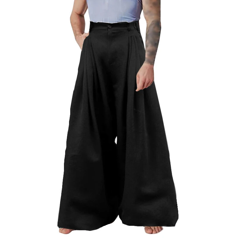 INCERUN Mens Pants Pleated High Waisted Loose Fit Casual Wide Leg Trousers Men Fashion Solid Color Long Pants — view 2