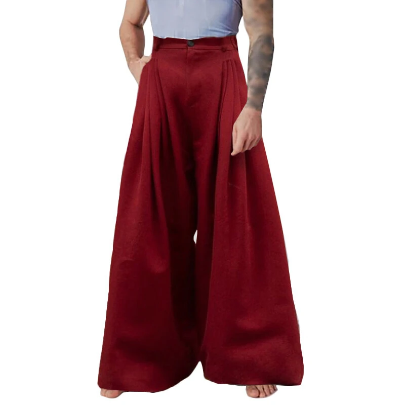 INCERUN Mens Pants Pleated High Waisted Loose Fit Casual Wide Leg Trousers Men Fashion Solid Color Long Pants — view 3