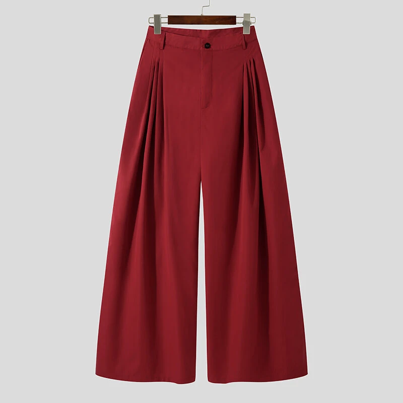 INCERUN Mens Pants Pleated High Waisted Loose Fit Casual Wide Leg Trousers Men Fashion Solid Color Long Pants — view 4