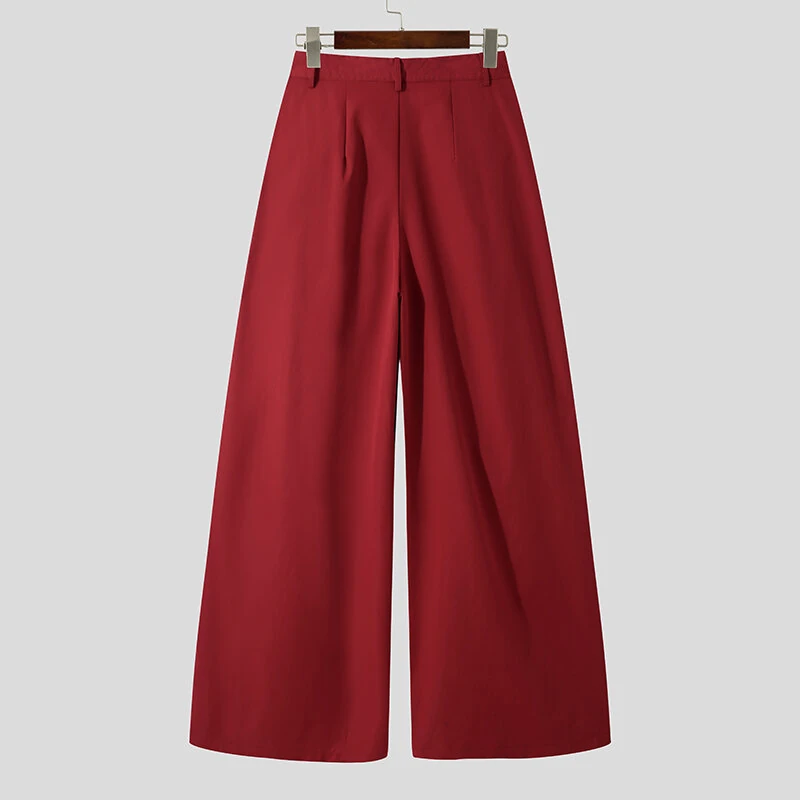 INCERUN Mens Pants Pleated High Waisted Loose Fit Casual Wide Leg Trousers Men Fashion Solid Color Long Pants — view 8