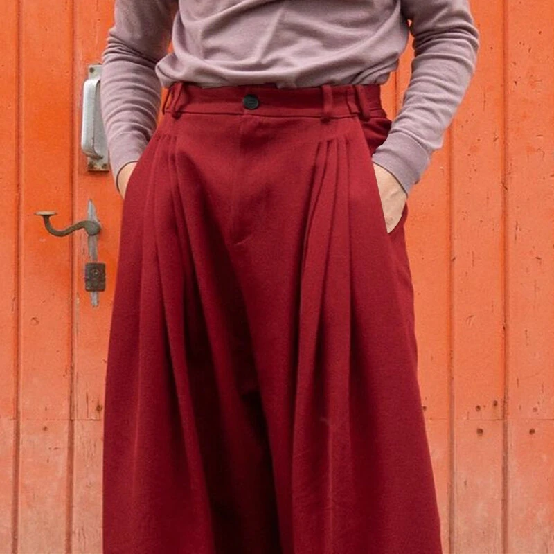INCERUN Mens Pants Pleated High Waisted Loose Fit Casual Wide Leg Trousers Men Fashion Solid Color Long Pants — view 9