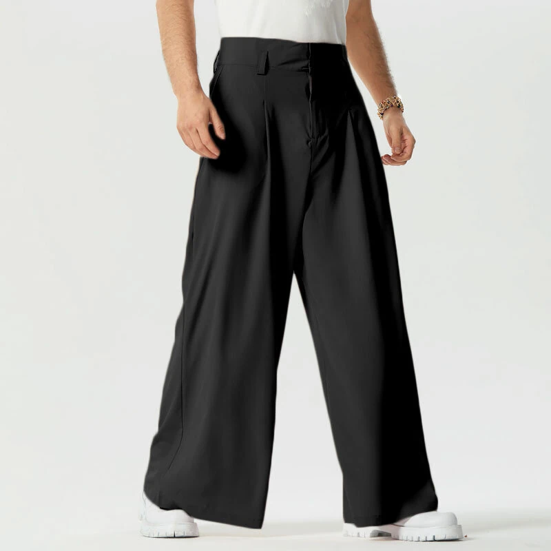 INCERUN Mens Pants Solid Color Loose Fit High Waist Tie Straight Leg Pants for Men Casual Comfy Male Trousers — view 2