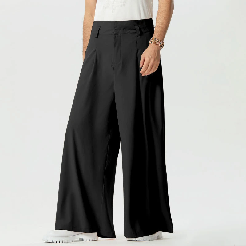 INCERUN Mens Pants Solid Color Loose Fit High Waist Tie Straight Leg Pants for Men Casual Comfy Male Trousers — view 3