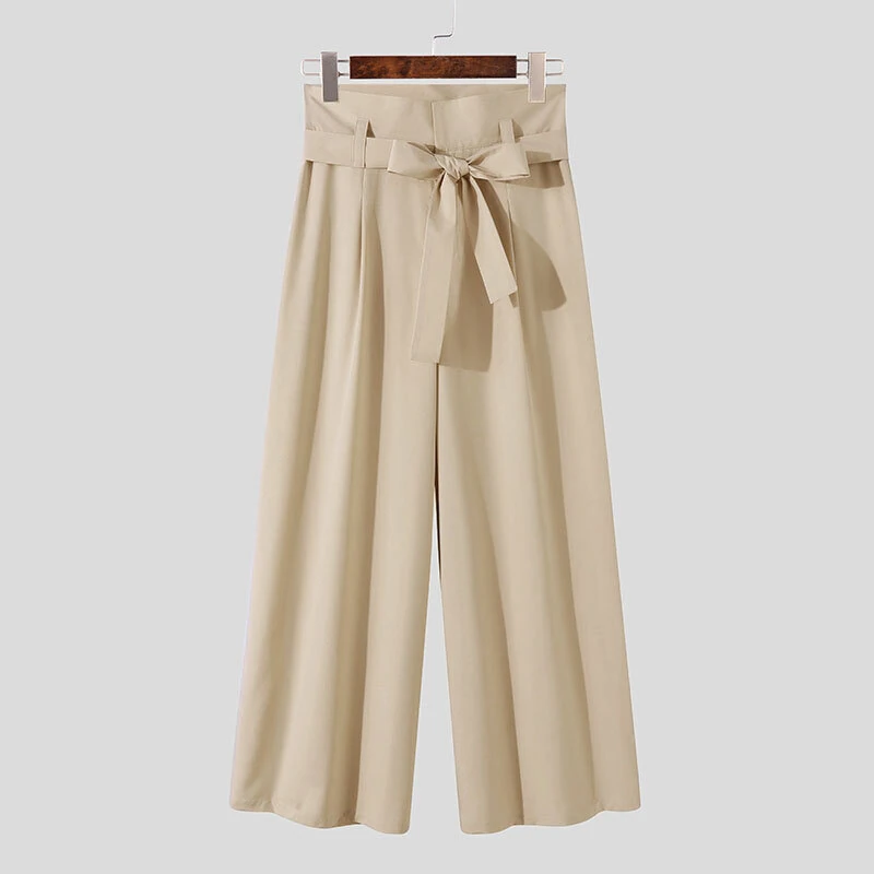 INCERUN Mens Pants Solid Color Loose Fit High Waist Tie Straight Leg Pants for Men Casual Comfy Male Trousers — view 6