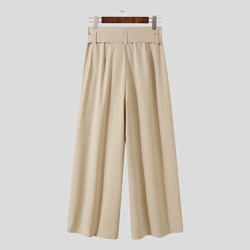 INCERUN Mens Pants Solid Color Loose Fit High Waist Tie Straight Leg Pants for Men Casual Comfy Male Trousers — view 9