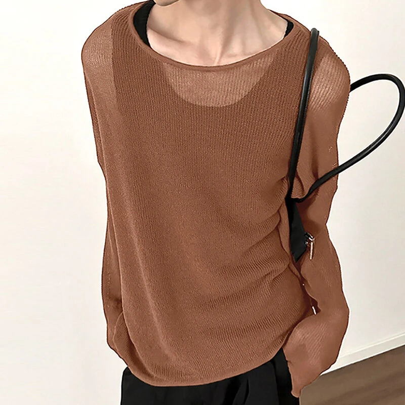 INCERUN Mens Relaxed Fit Hollow Knit Long Sleeve T-Shirt Soft Drape Fabric Slightly See-through Tshirt Top — image 1