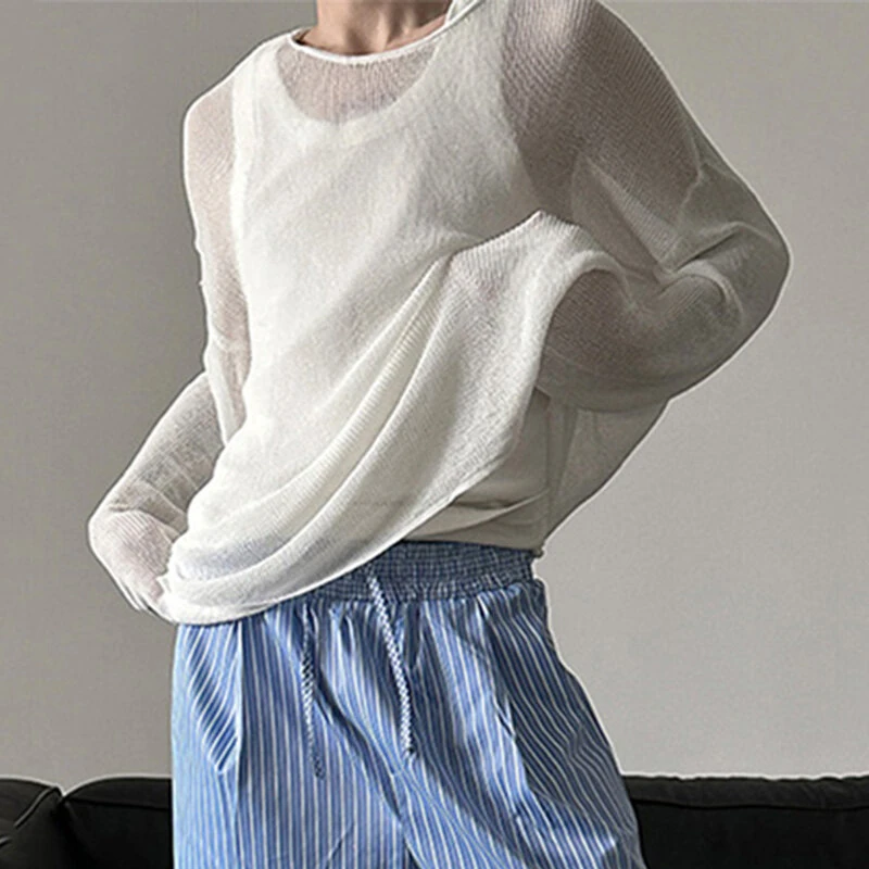 INCERUN Mens Relaxed Fit Hollow Knit Long Sleeve T-Shirt Soft Drape Fabric Slightly See-through Tshirt Top — view 2