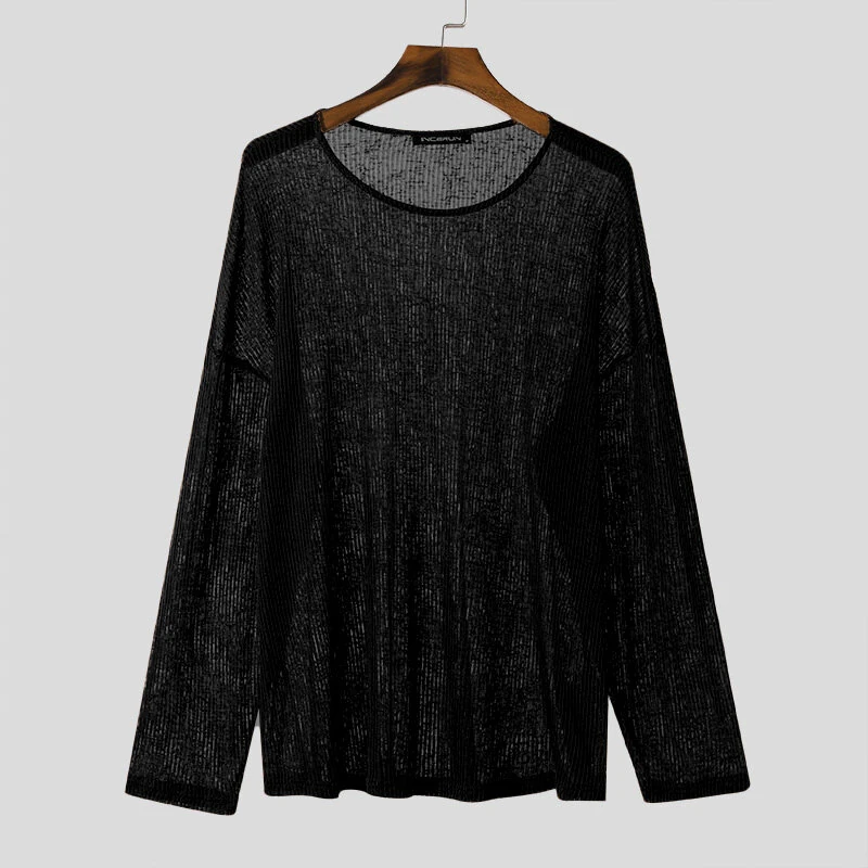 INCERUN Mens Relaxed Fit Hollow Knit Long Sleeve T-Shirt Soft Drape Fabric Slightly See-through Tshirt Top — view 4