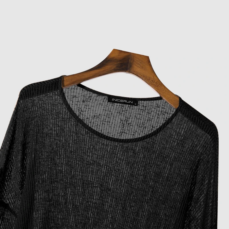 INCERUN Mens Relaxed Fit Hollow Knit Long Sleeve T-Shirt Soft Drape Fabric Slightly See-through Tshirt Top — view 5