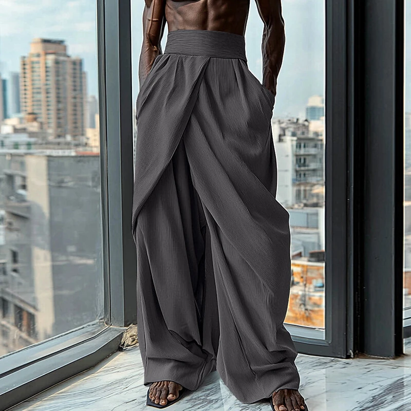 INCERUN Mens Ruched Crossover Design Pant Fashion Solid Color High Waist Casual Long Trousers for Male — image 1
