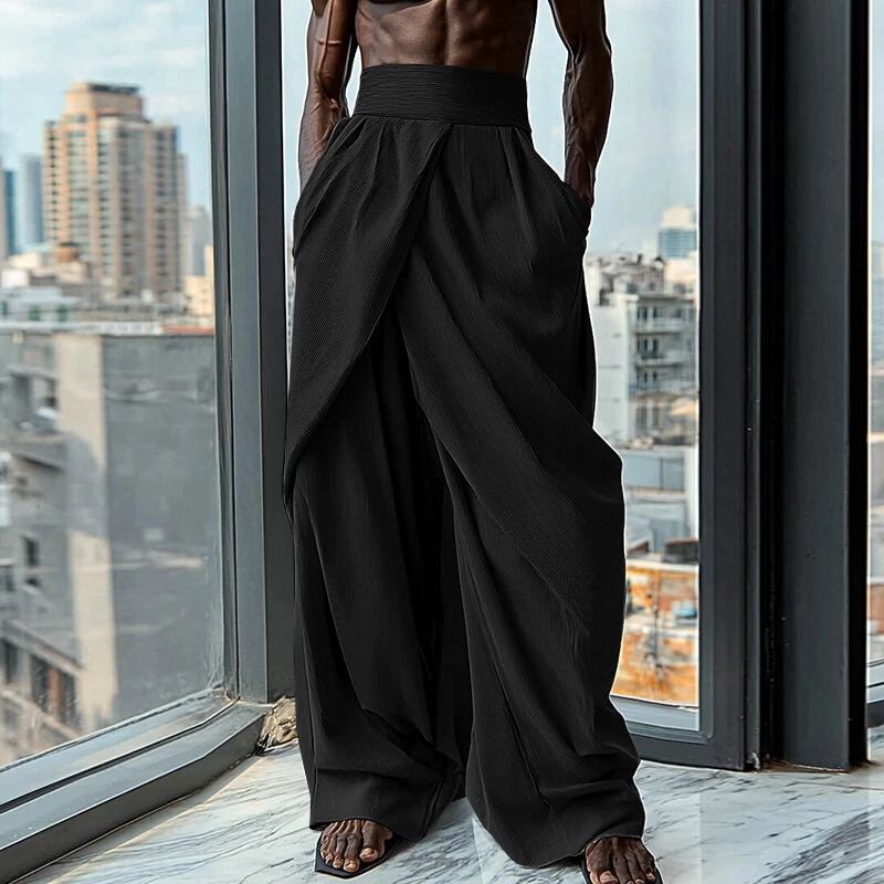 INCERUN Mens Ruched Crossover Design Pant Fashion Solid Color High Waist Casual Long Trousers for Male — view 2