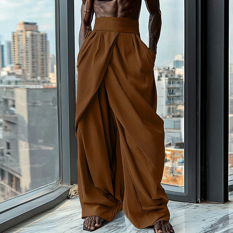 INCERUN Mens Ruched Crossover Design Pant Fashion Solid Color High Waist Casual Long Trousers for Male — view 3